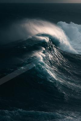 A powerful ocean wave curls dramatically as it crashes, creating a spray of white foam against the dark backdrop of the sea.