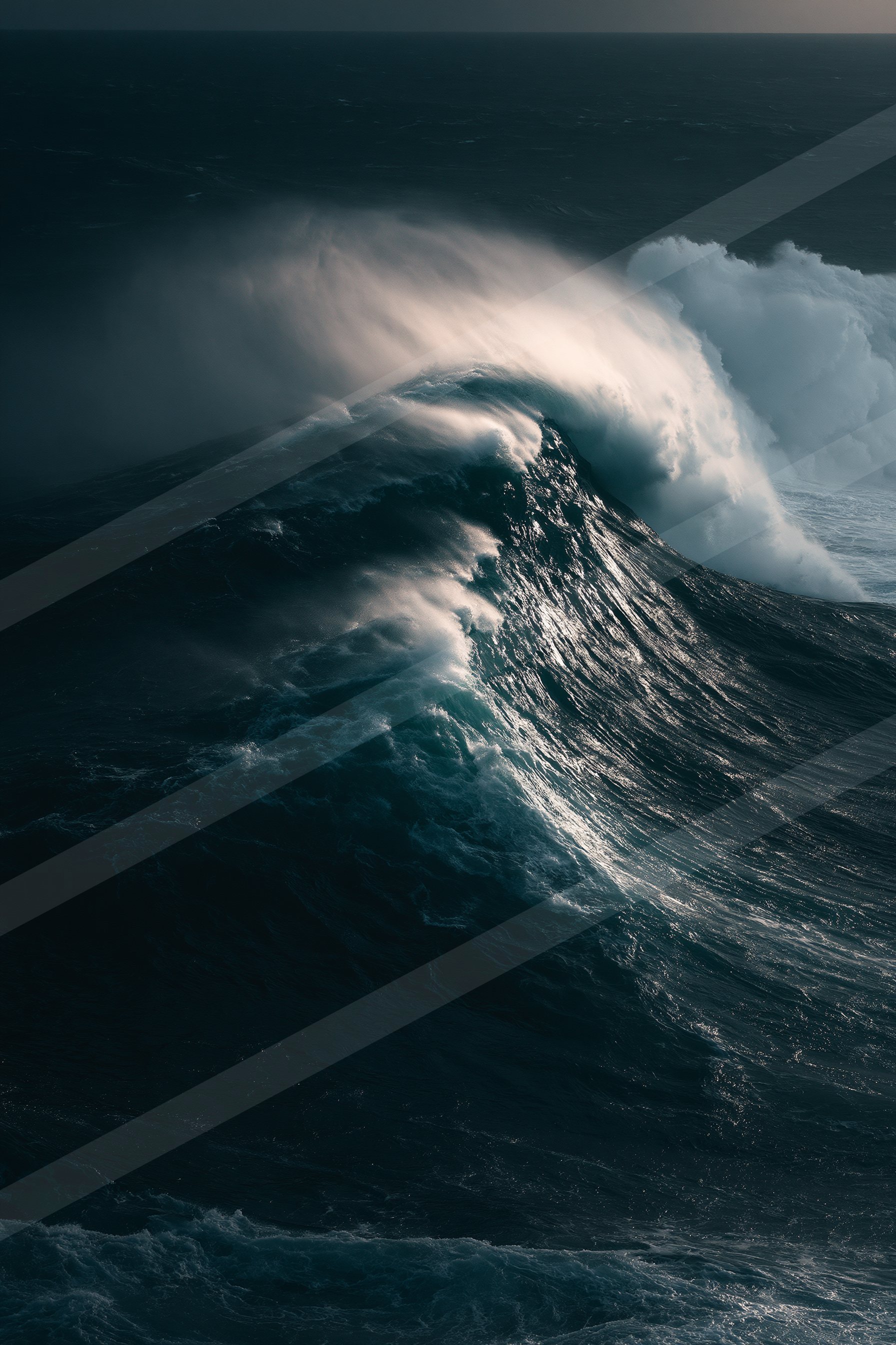 A powerful ocean wave curls dramatically as it crashes, creating a spray of white foam against the dark backdrop of the sea.
