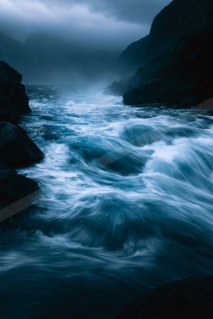 Powerful blue and white waves churn and crash between dark rocky cliffs under a foggy, overcast sky, creating a dramatic and moody seascape.