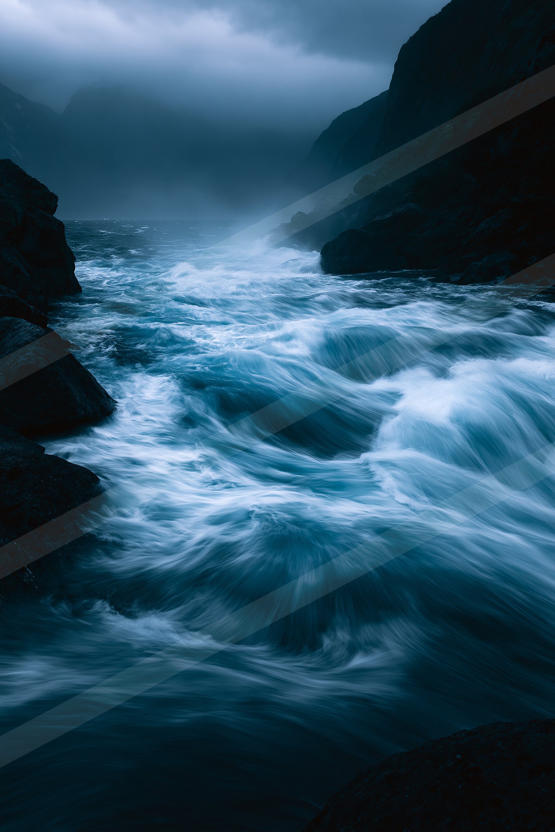 A blue hour long exposure water scene of an ocean waves, ripples.