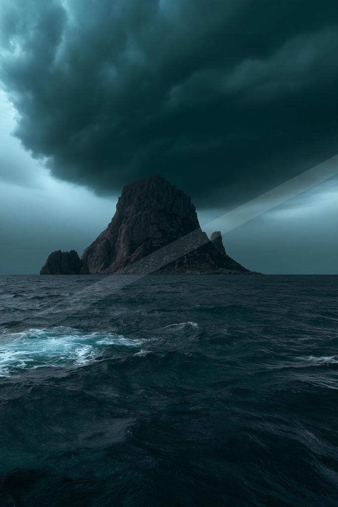 A moody sky scene of storm, ocean.