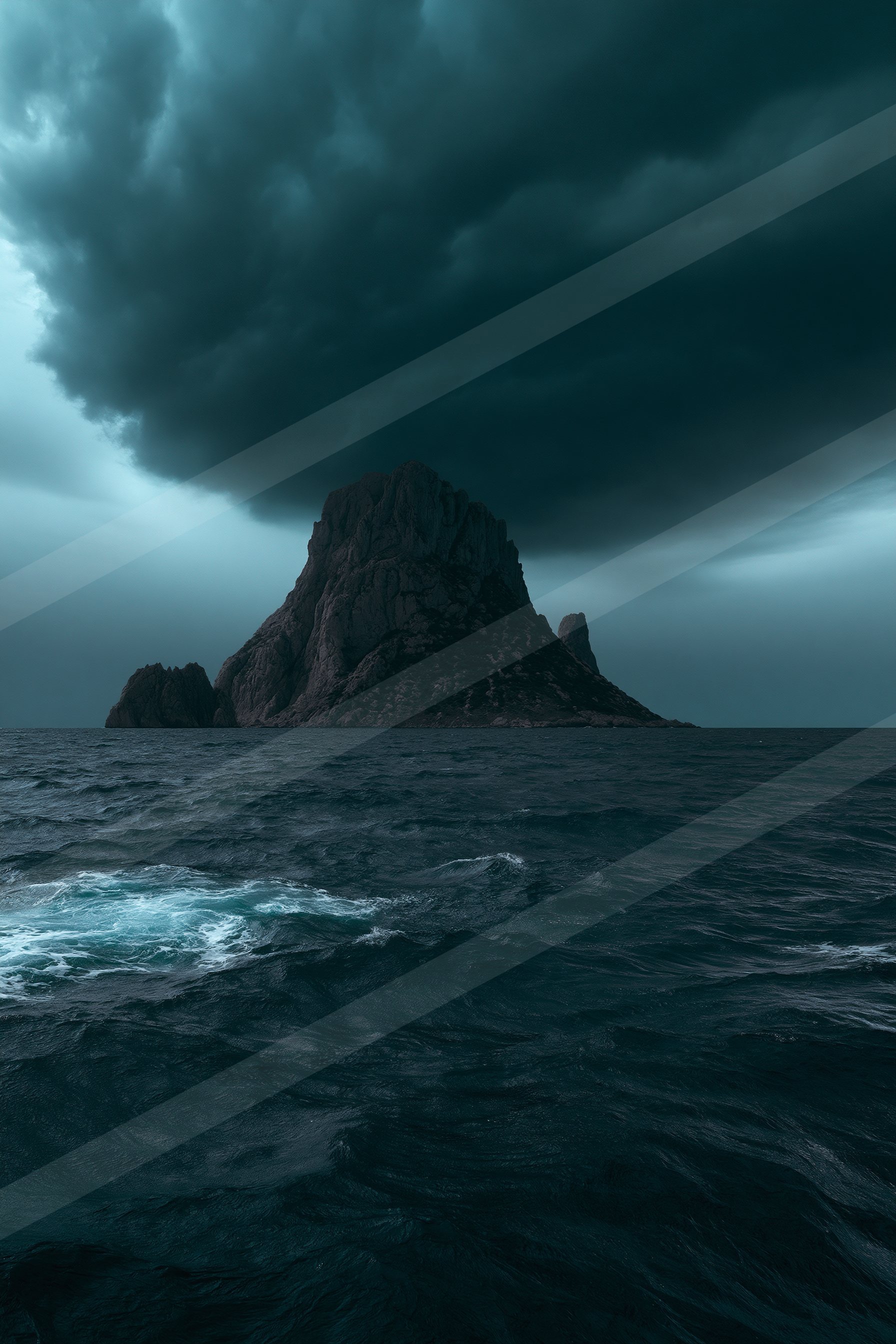 A moody seascape featuring a dark, brooding sky above turbulent waters and a rugged island rock formation.