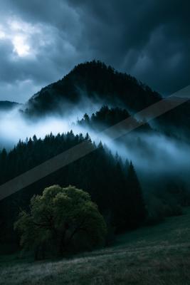 A night long exposure landscape of mountains, valley, forest.