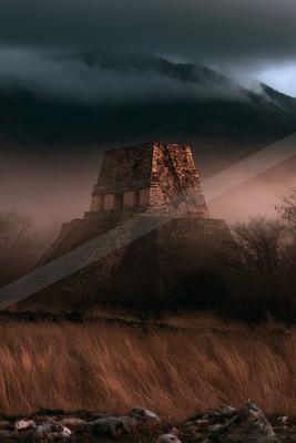 A moody landscape of mountains.
