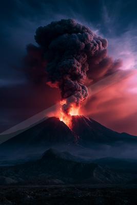 A powerful volcanic eruption at night, with bright orange lava exploding from the crater and a massive dark ash plume rising into a red and purple sky.
