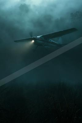 A black-toned moody photograph of wing, spotlight, warplane.