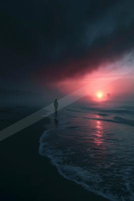 A lone silhouetted figure walks along the shoreline of a beach as a vibrant red sun sets over the ocean, casting a pink glow through thick atmospheric fog and d