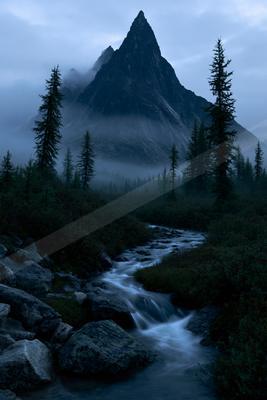 A dramatic, jagged mountain peak rises through thick fog above a rocky stream flowing through a dense evergreen forest under an overcast sky.