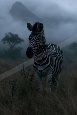 A black-toned moody photograph of zebra, african elephant, ostrich.