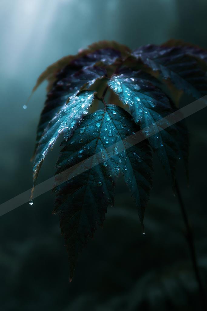 Close-up of dark serrated leaves covered in glistening water droplets, illuminated by soft blue light rays in a misty forest setting.
