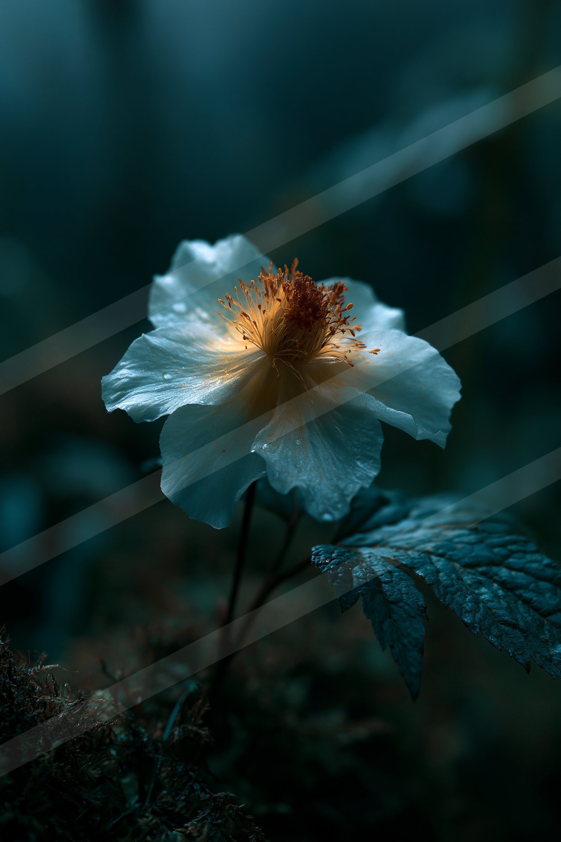 A white flower with an orange center is brightly illuminated against a dark, atmospheric forest background.