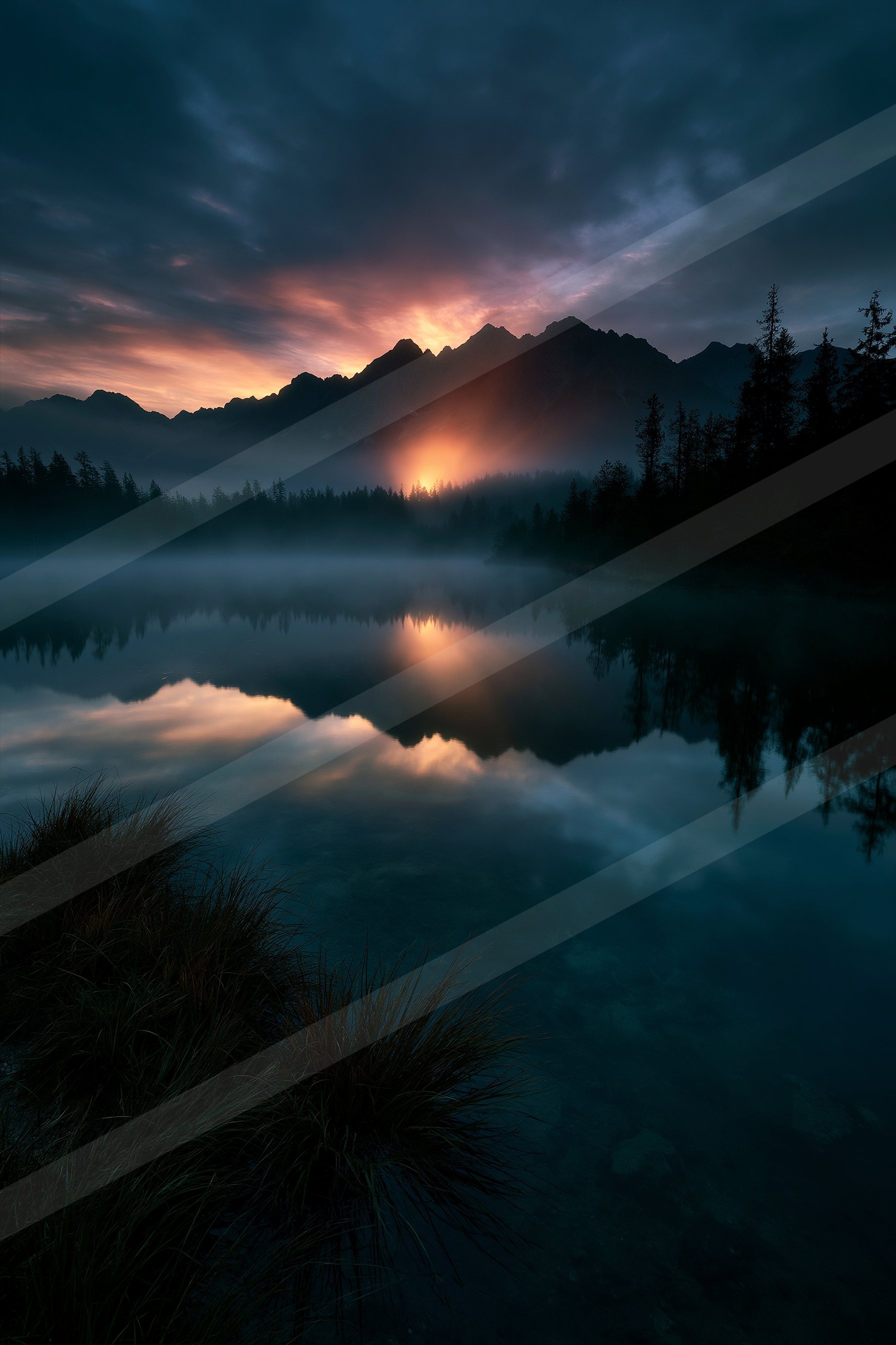 A night panorama sky scene of a sunrise, reflection.