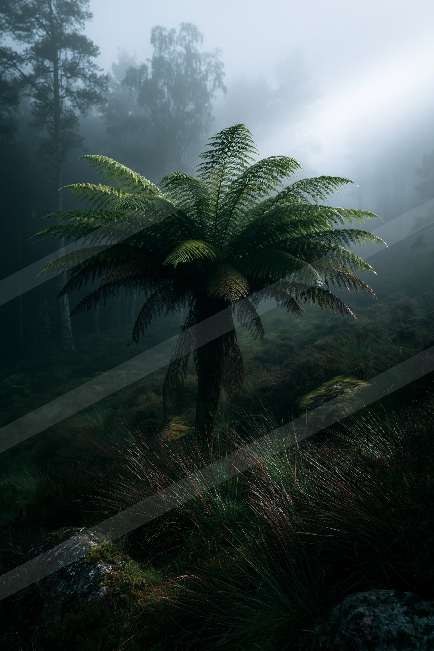 A mysterious nature scene of a fern, fog.