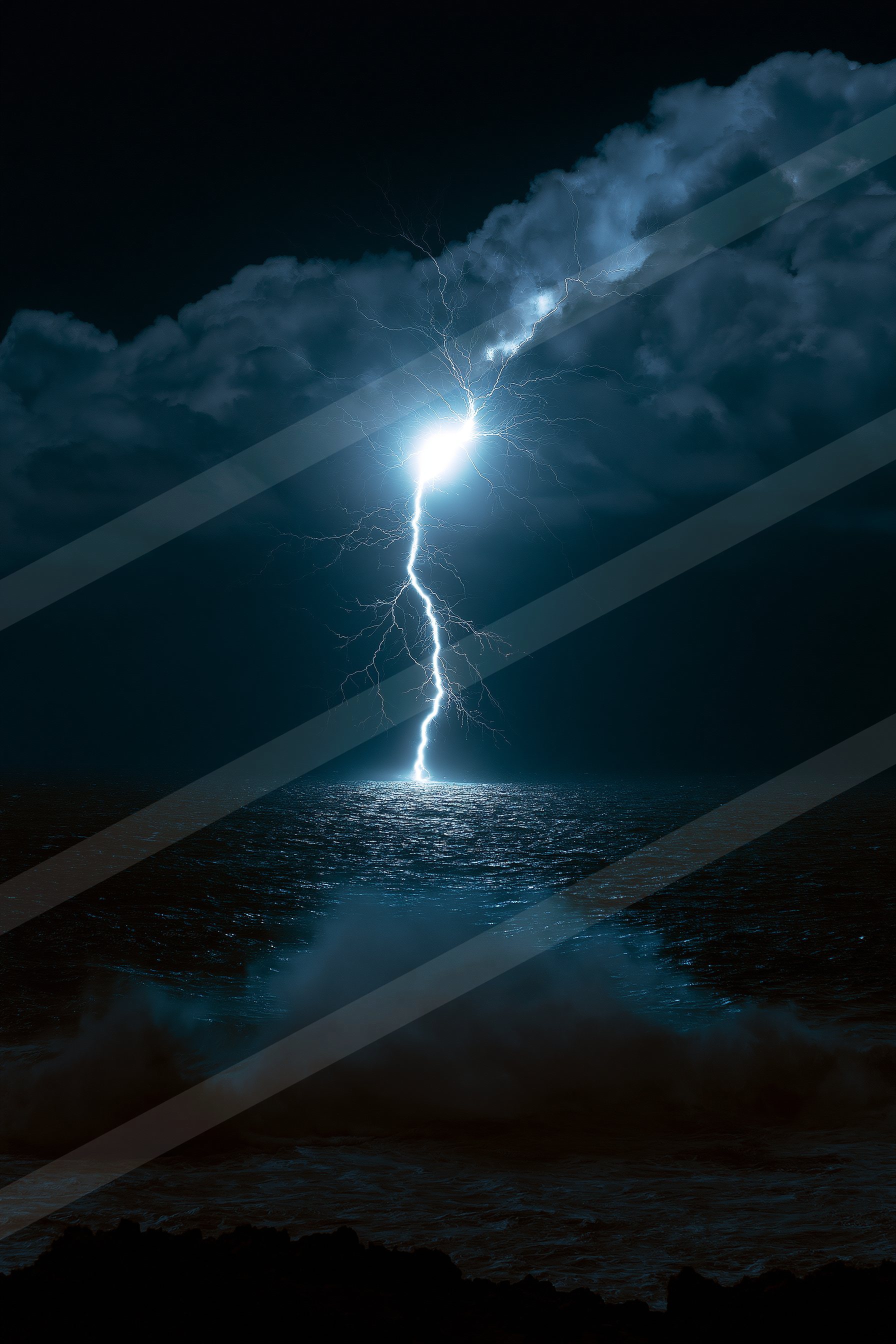 A powerful lightning bolt illuminates the night sky and reflects off a calm ocean surface, surrounded by dark clouds.