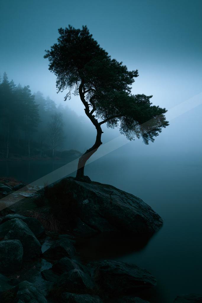 A solitary dark tree with a twisted trunk stands on a large rock at the edge of a calm lake, surrounded by thick blue mist and distant forest silhouettes.