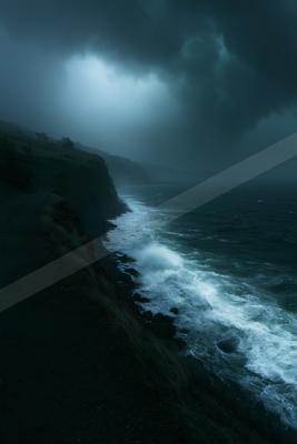 Dark stormy sky over turbulent ocean with white waves crashing against a rocky cliff coastline at night