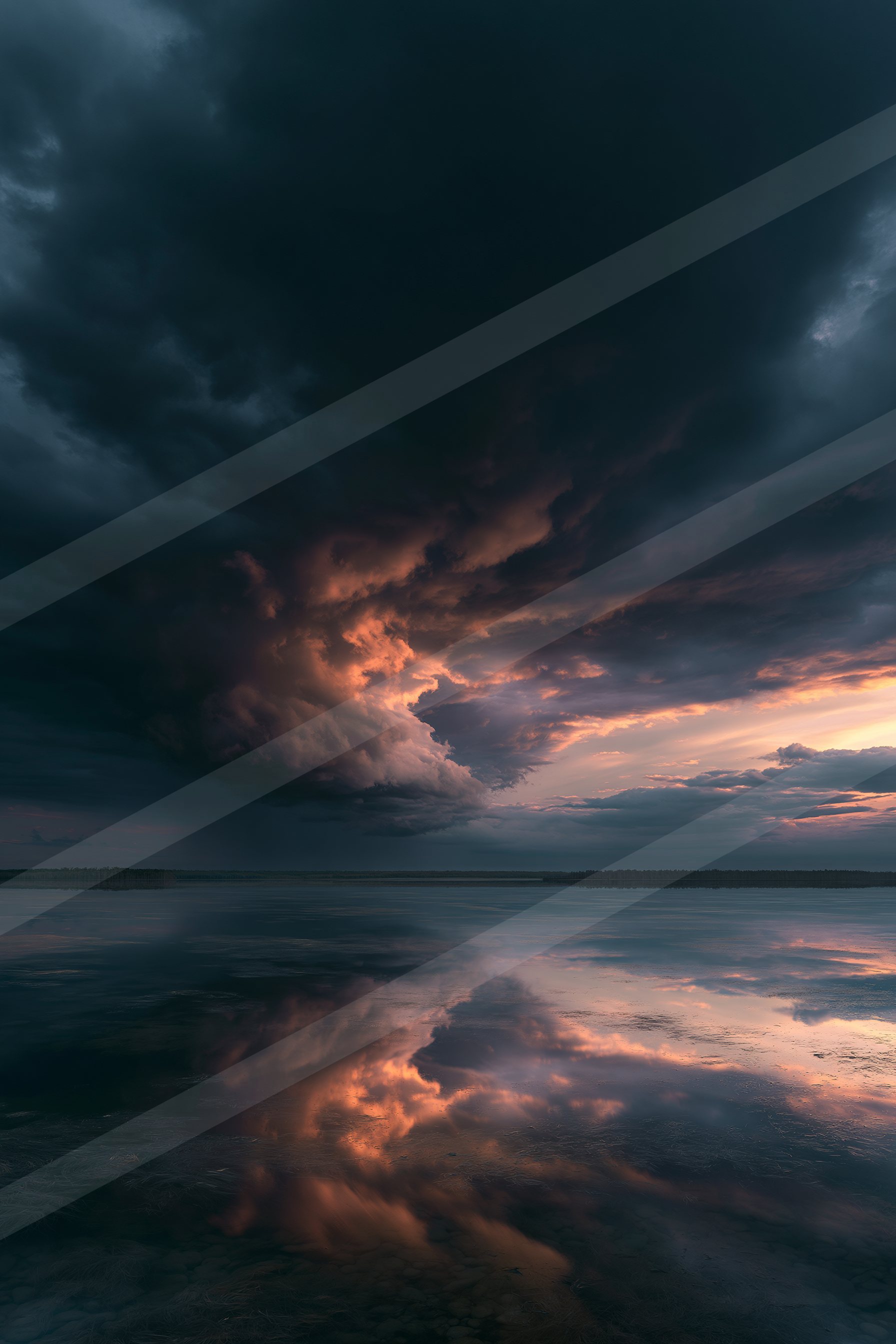 A dramatic high contrast sky scene of a storm, reflection.