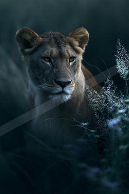 A female lion with golden eyes stares directly at the viewer from tall, dew-covered grass in a dark, atmospheric setting.