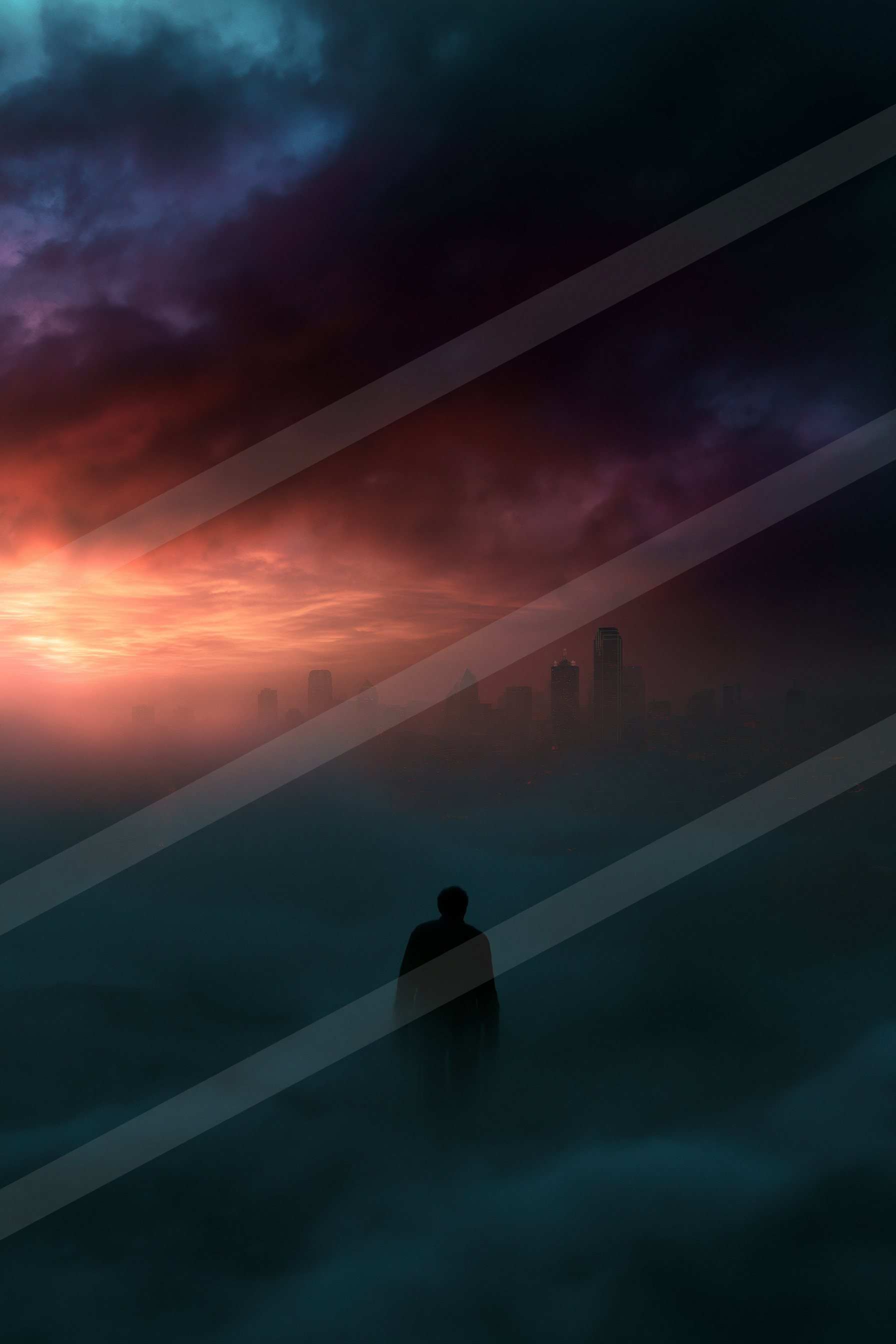 A mysterious double exposure sky scene of a sunrise, fog.