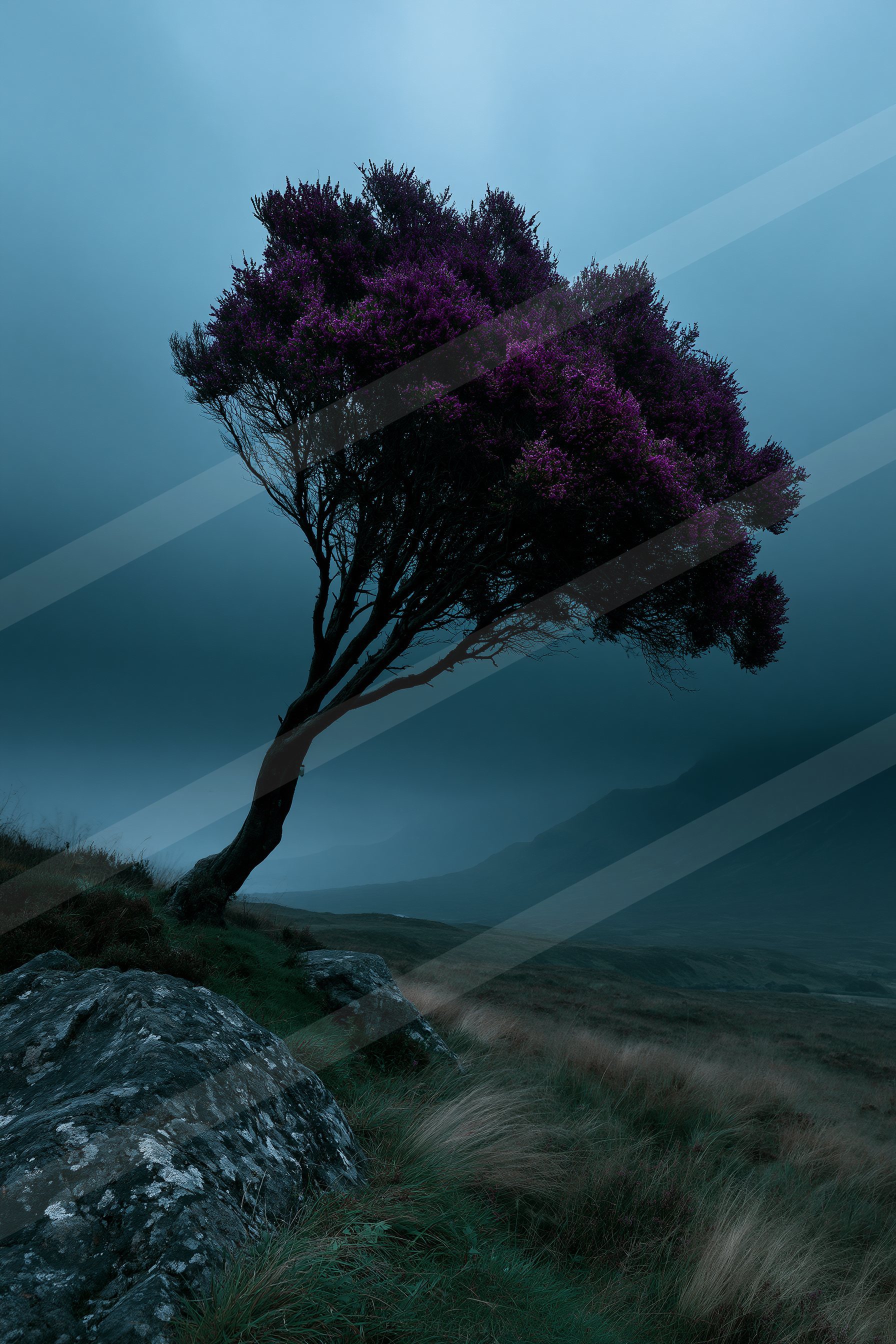 A mysterious long exposure nature scene of an oak tree, fog.