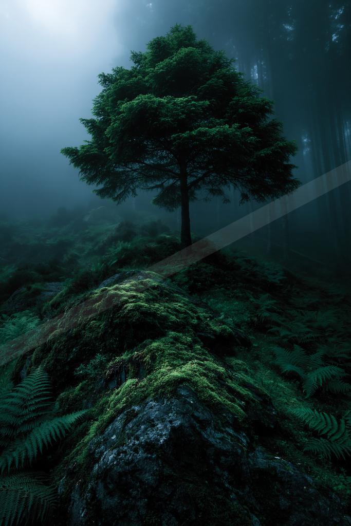 A solitary evergreen tree stands on a moss-covered rocky outcrop surrounded by ferns in a dense, foggy forest with dramatic atmospheric light.