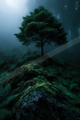 A solitary evergreen tree stands on a moss-covered rocky outcrop surrounded by ferns in a dense, foggy forest with dramatic atmospheric light.