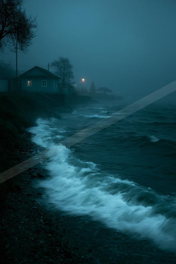 Waves with white foam crash onto a dark rocky shore beside a foggy lakeside village at dusk, with illuminated house windows and a streetlight glowing through th