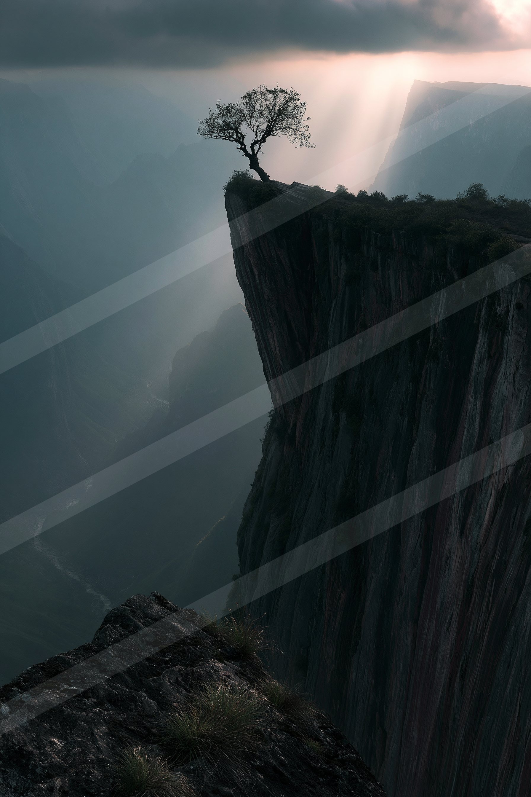 A lone tree stands resiliently on the edge of a steep cliff overlooking a misty valley, bathed in soft sunset light.