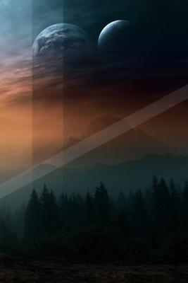 A dramatic landscape of valley, sunrise, fog.