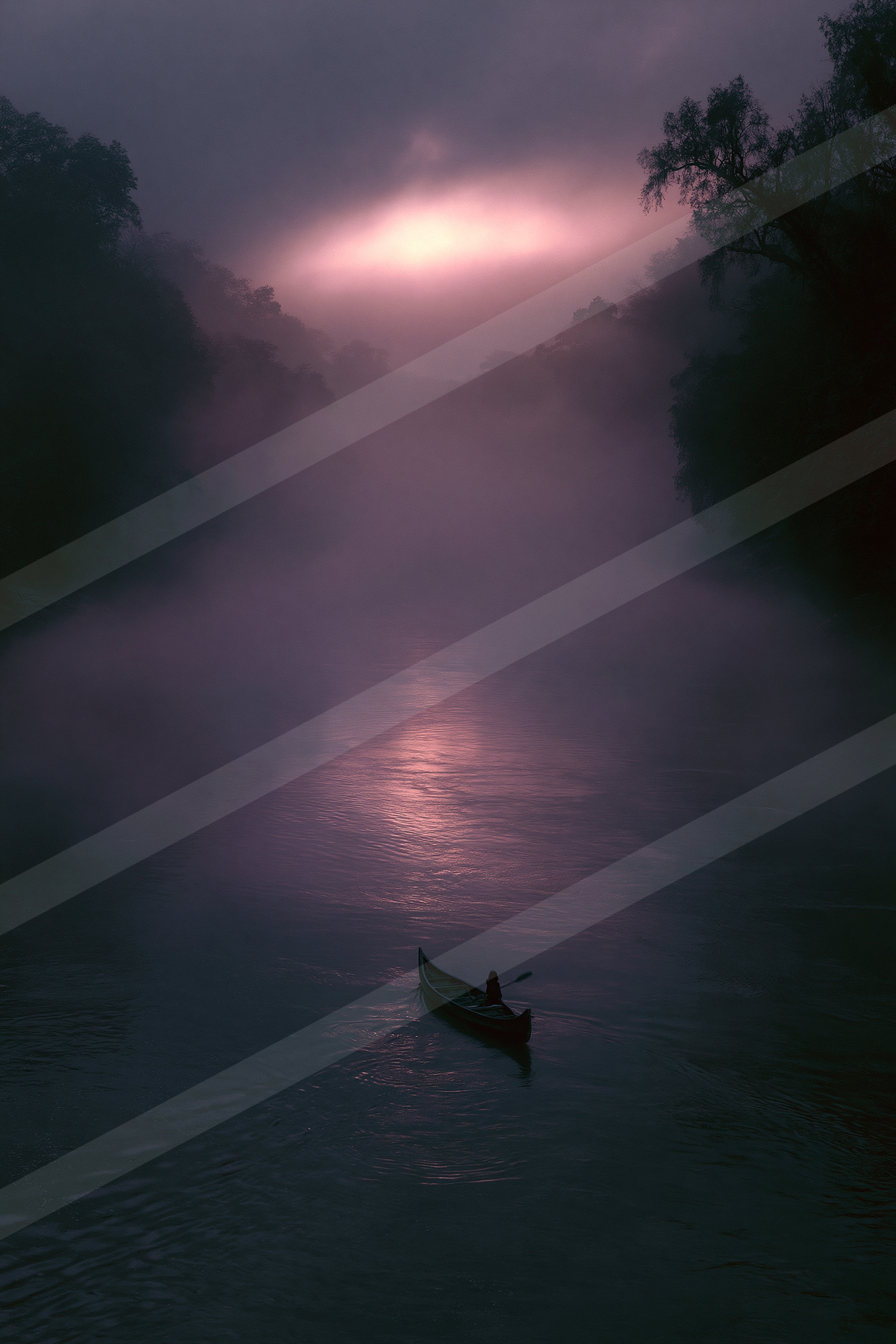 A mysterious water scene of a river, fog.