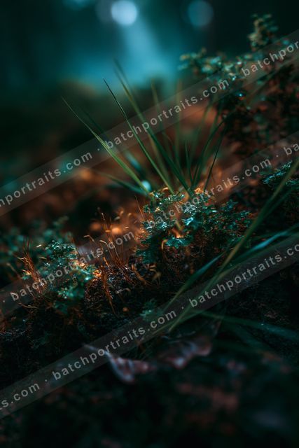 Close-up of moss-covered forest floor with ferns and grasses in a dimly lit environment.