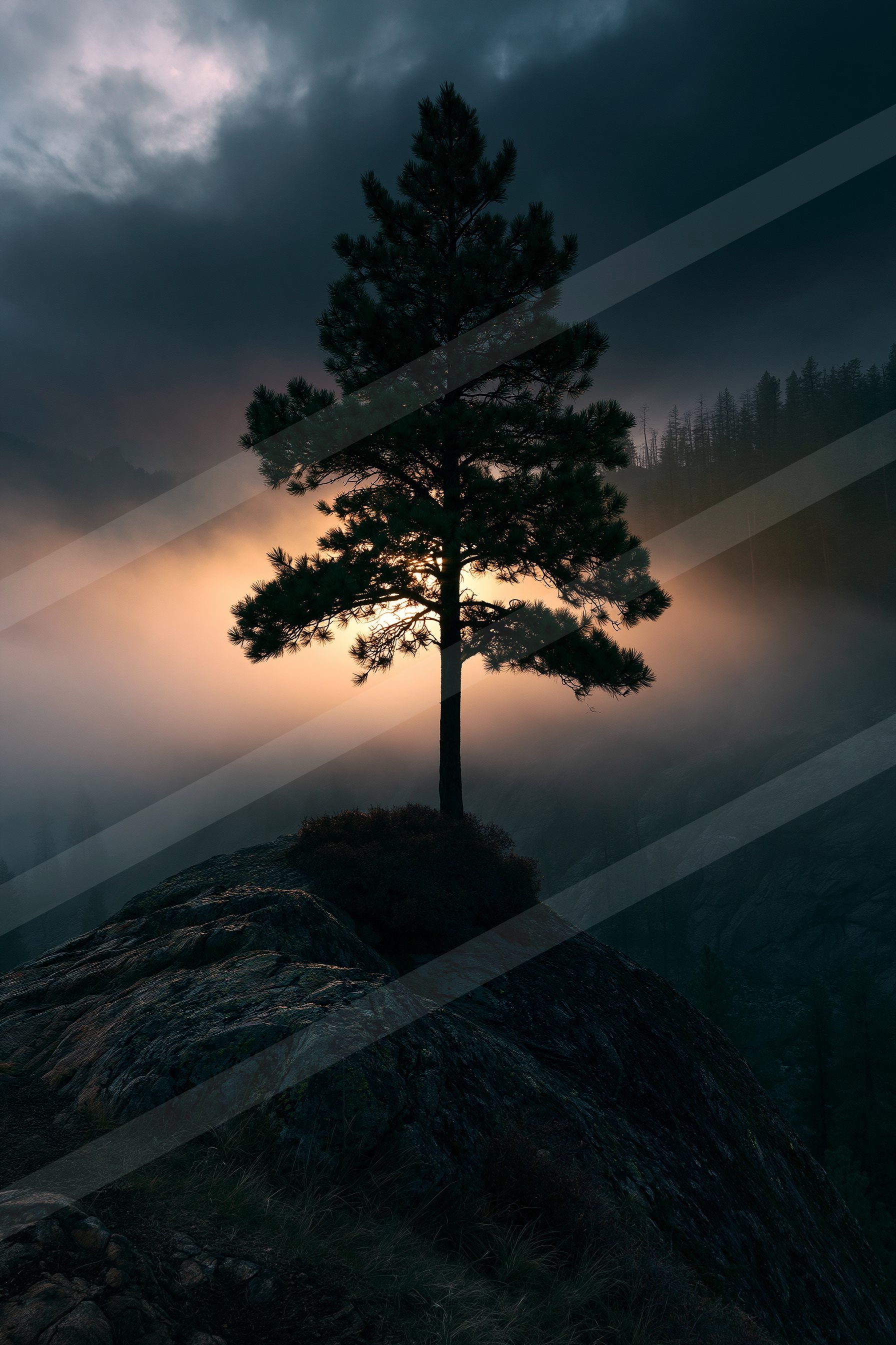 A mysterious high contrast nature scene of a pine tree, fog.