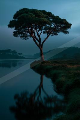 A solitary tree with a wide canopy stands on the grassy bank of a still body of water, its dark silhouette and intricate branches perfectly reflected in the cal