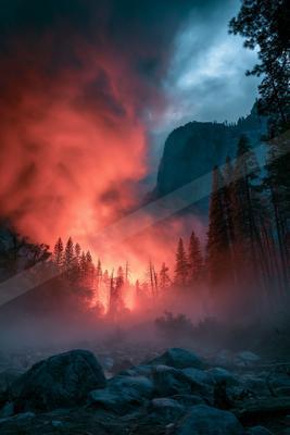 A dramatic landscape of mountains, valley, forest.