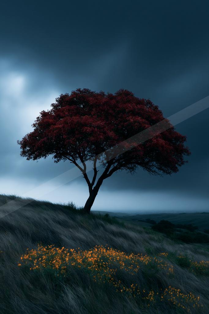 A solitary tree with vibrant red leaves stands on a windswept grassy hillside, with a patch of bright yellow wildflowers in the foreground under a dark, stormy