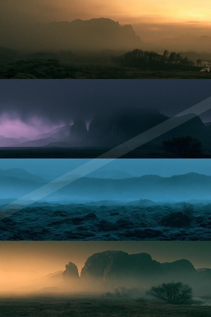 A blue hour landscape of mountains, storm, ocean.