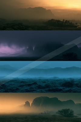 A blue hour landscape of mountains, storm, ocean.