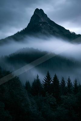 A dramatic landscape of mountains, forest, fog.