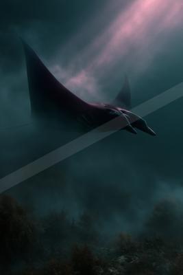 A large manta ray glides gracefully through dark, murky ocean waters illuminated by dramatic pink and blue light rays from above, with seaweed visible on the se