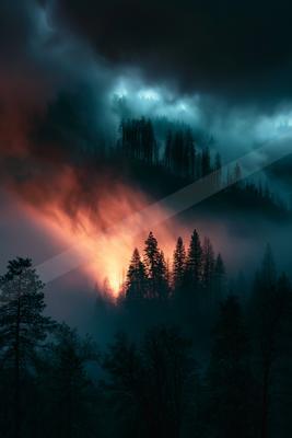 A serene forest scene bathed in the glow of a fiery sky and shrouded by misty mountains.