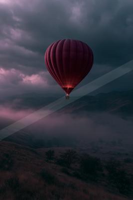 A large red hot air balloon with its burner lit floats above a sea of fog in a hilly landscape under a dramatic cloudy sky at dusk.