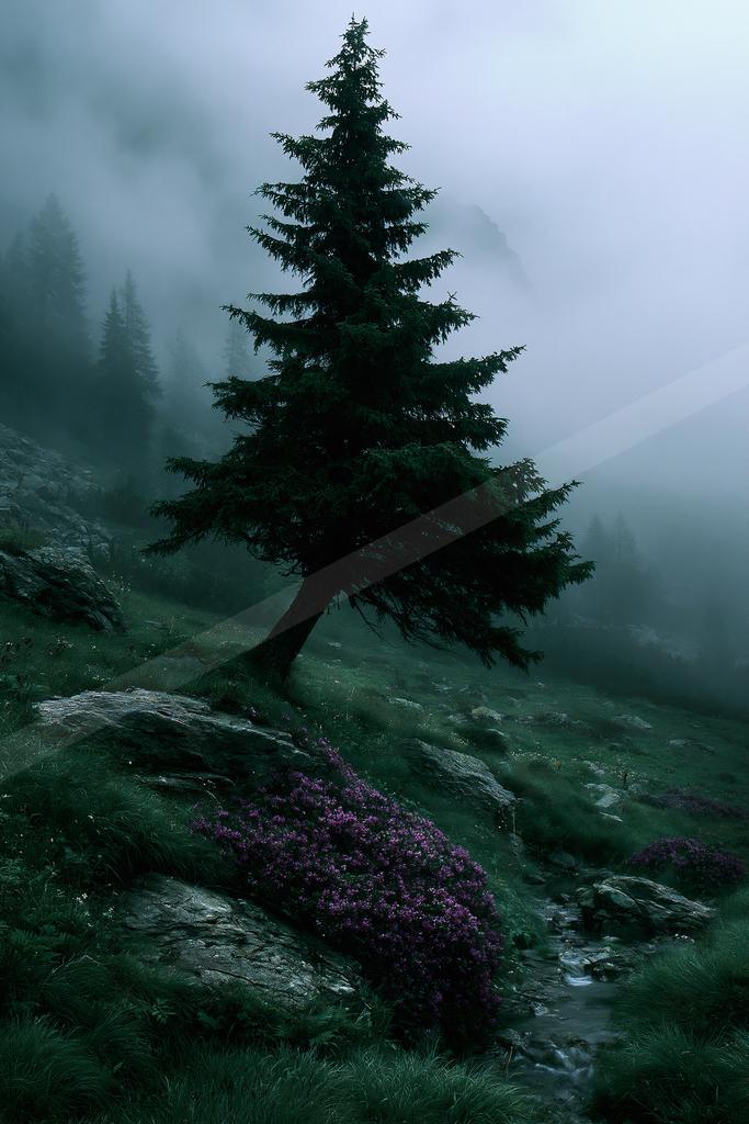 A tall evergreen tree stands on a misty, rocky hillside covered in green grass and purple wildflowers, with a small stream flowing in the foreground and fog obs