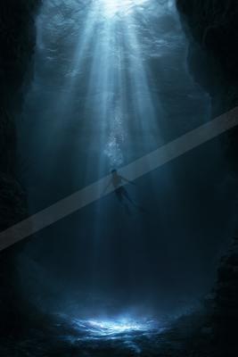 A moody water scene of ocean, silhouette.