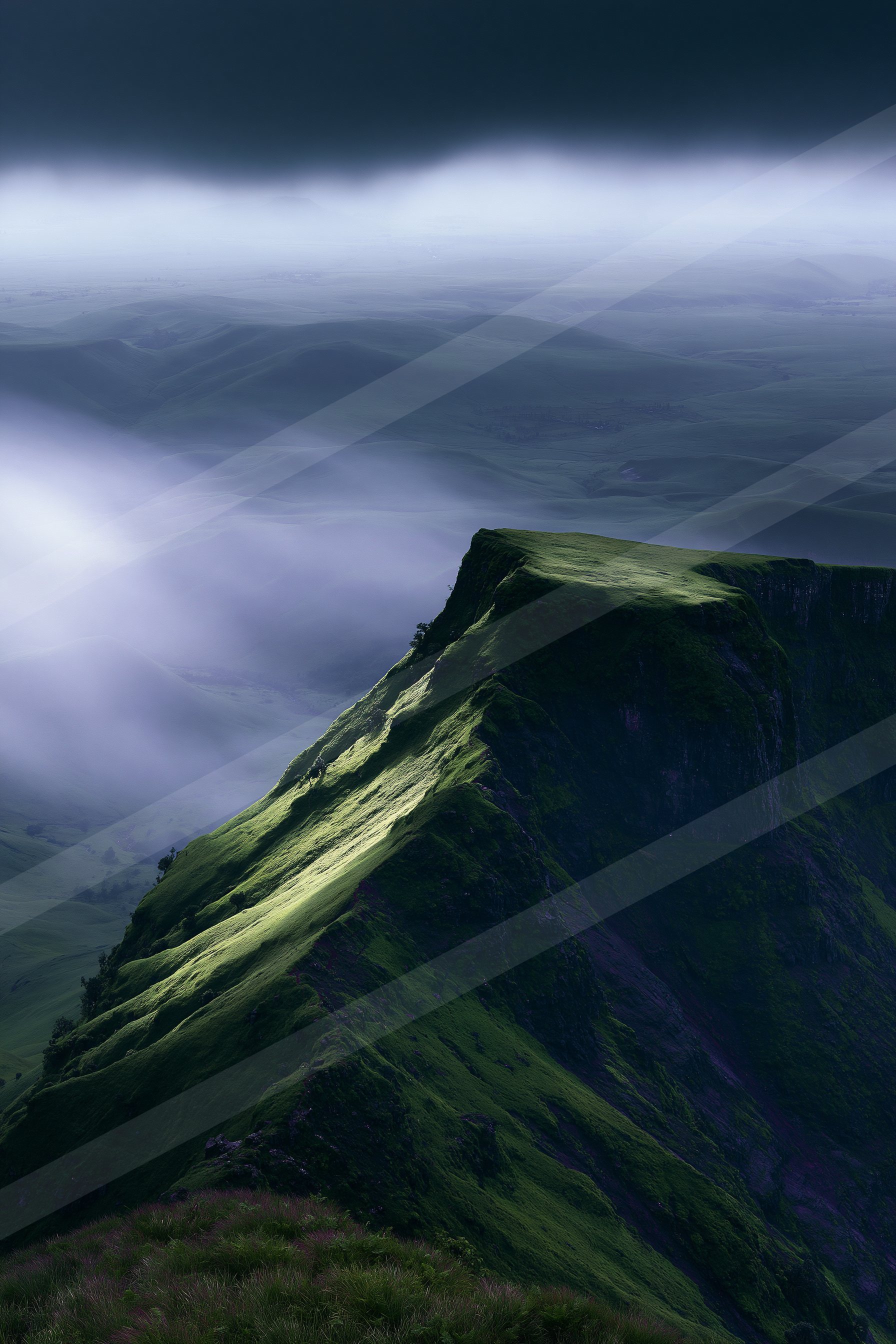 A mysterious panorama landscape of a rolling hills, fog.