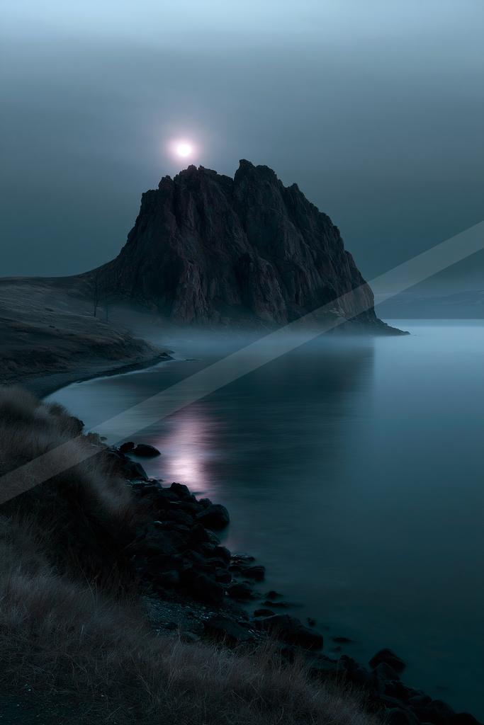 A large dark rocky island rises from a calm sea under a bright full moon, with thick fog at its base and a rocky grassy shoreline in the foreground.