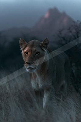 A lioness with golden eyes walks directly toward the viewer through tall dry grass, with a hazy mountain range in the background at dusk.