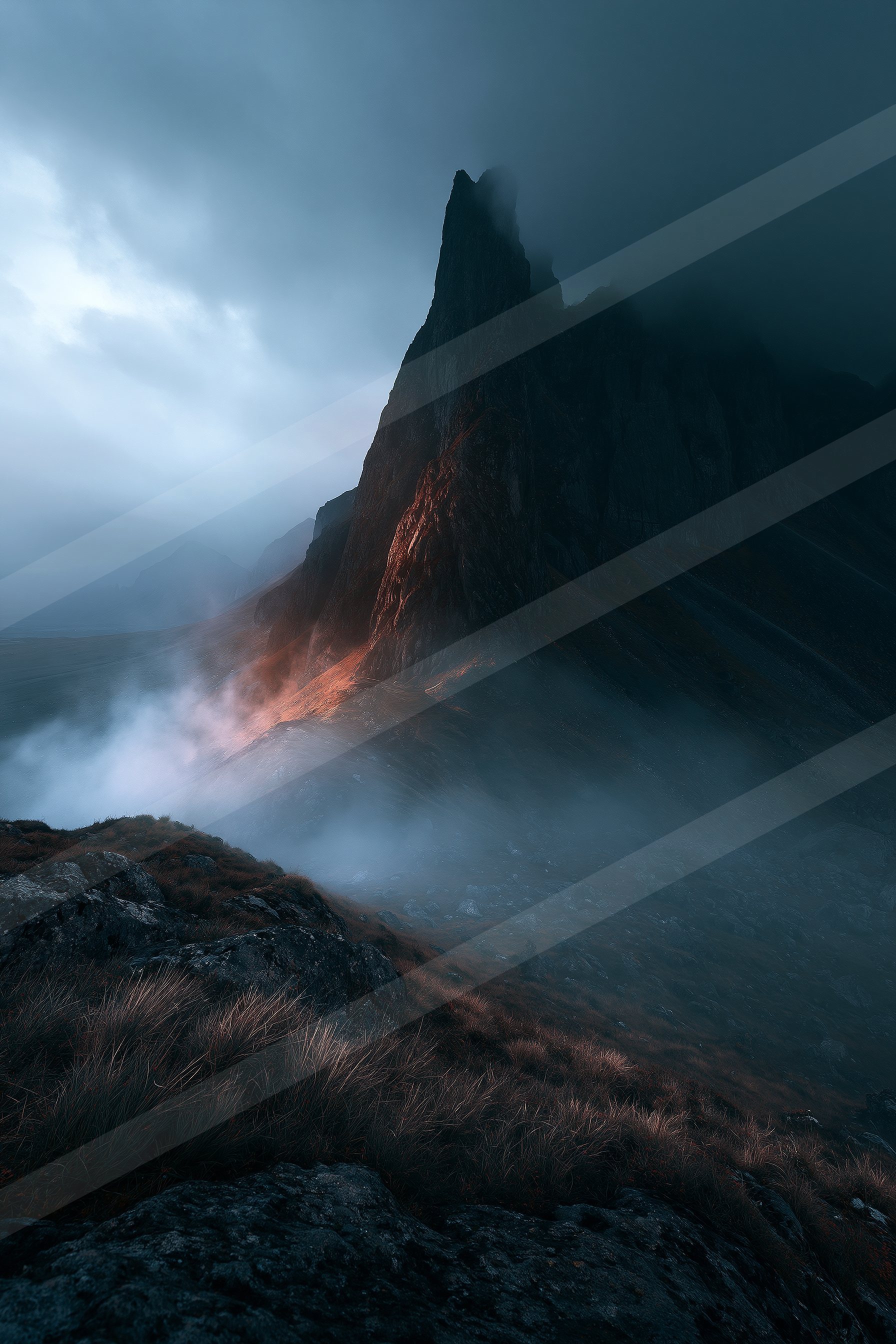A mysterious long exposure landscape of a mountains, fog.
