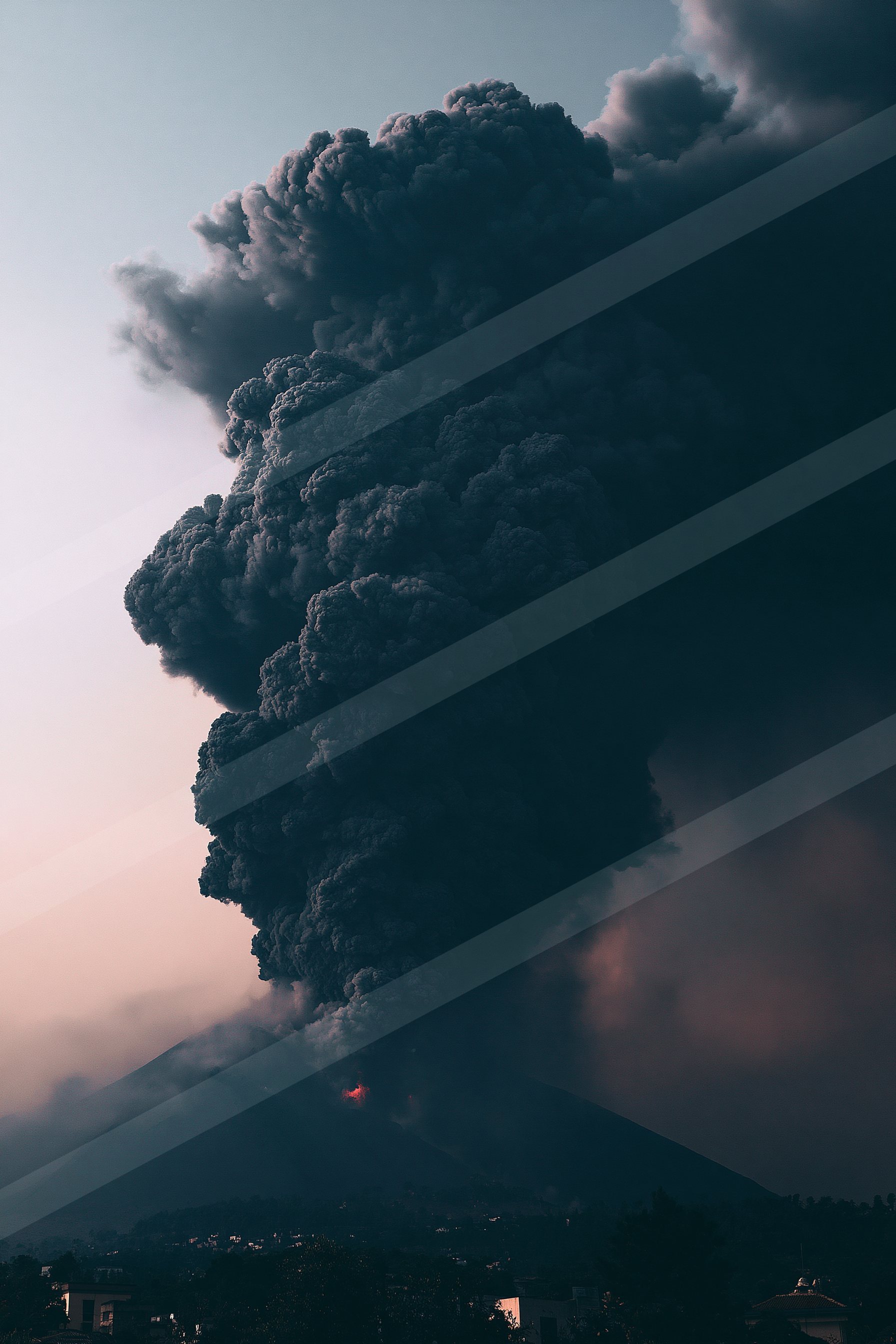 A dramatic landscape of a volcano, smoke.