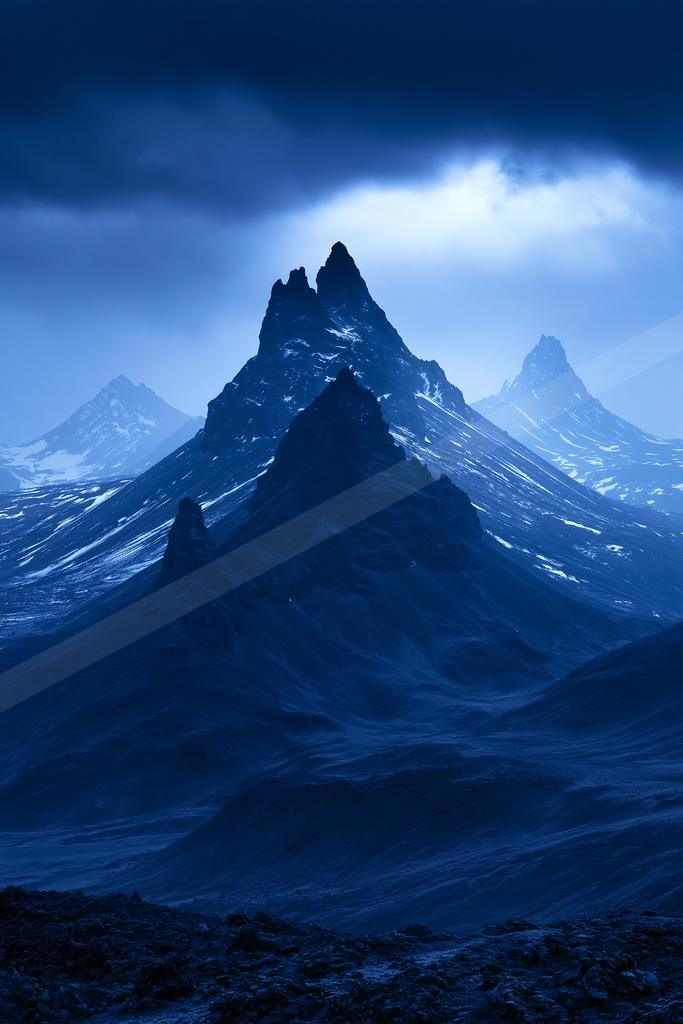 A blue hour landscape of mountains.