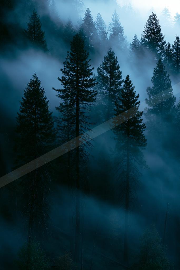 A dramatic nature scene of forest, trees, mountains.